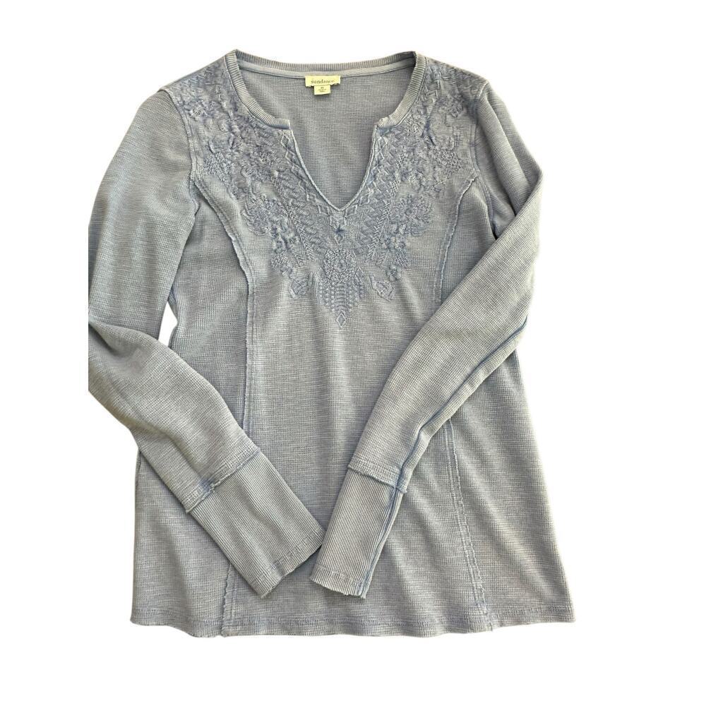 Sundance Women's Blue Embroidered Larue V-Neck Waffle T-Shirt Size Medium